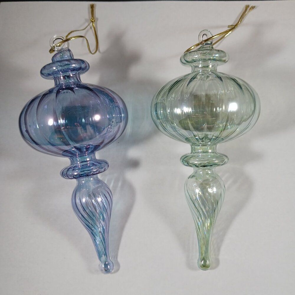 Vintage Blown Swirl Bubble Glass Blue Green Christmas Tree Ornament